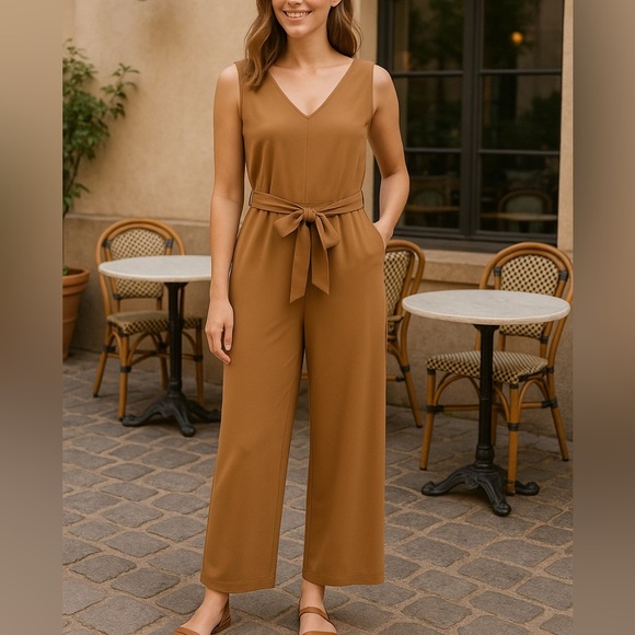 Calvin Klein Tan Wide-Leg Jumpsuit with Tie Waist Size 16 - Picture 1 of 6